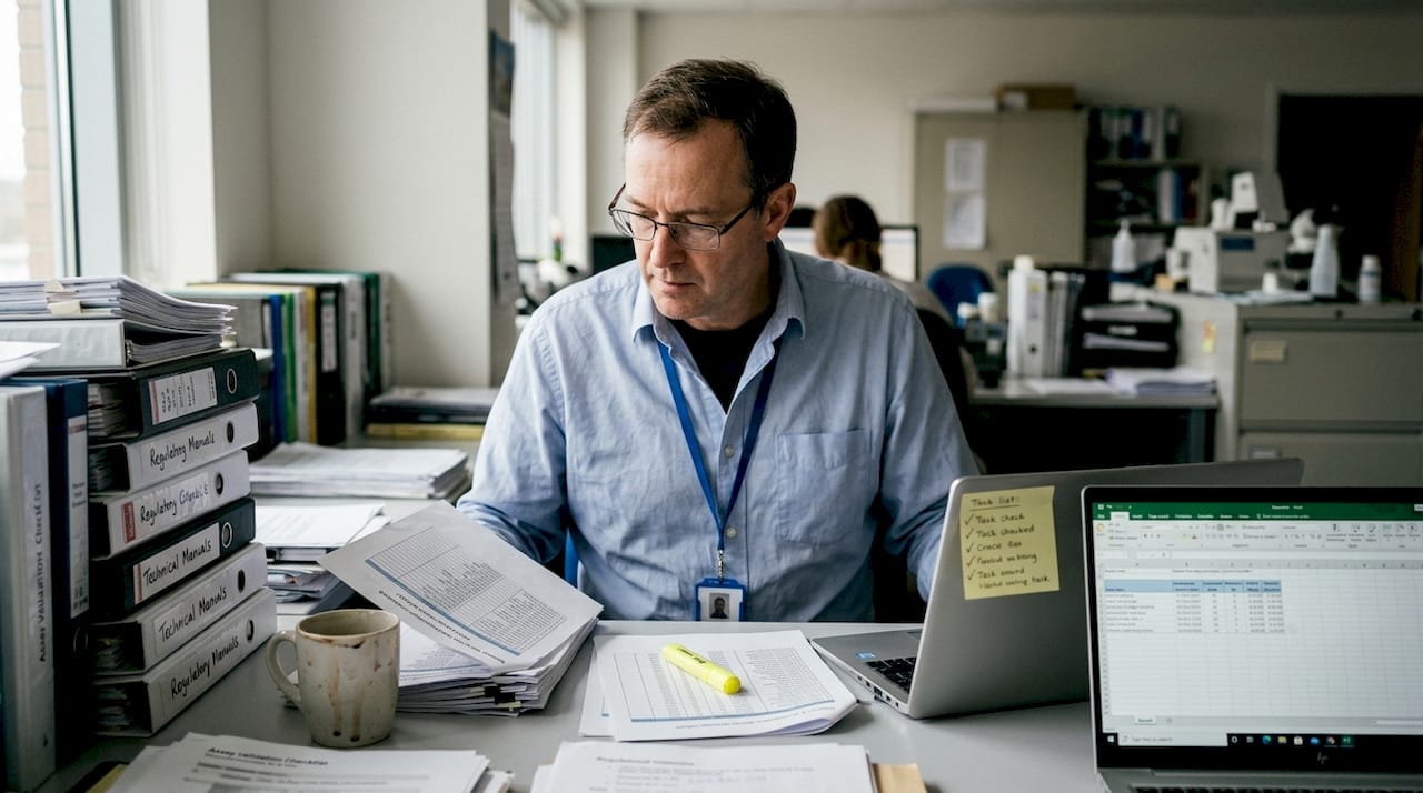 Scientist checks assay validation documents