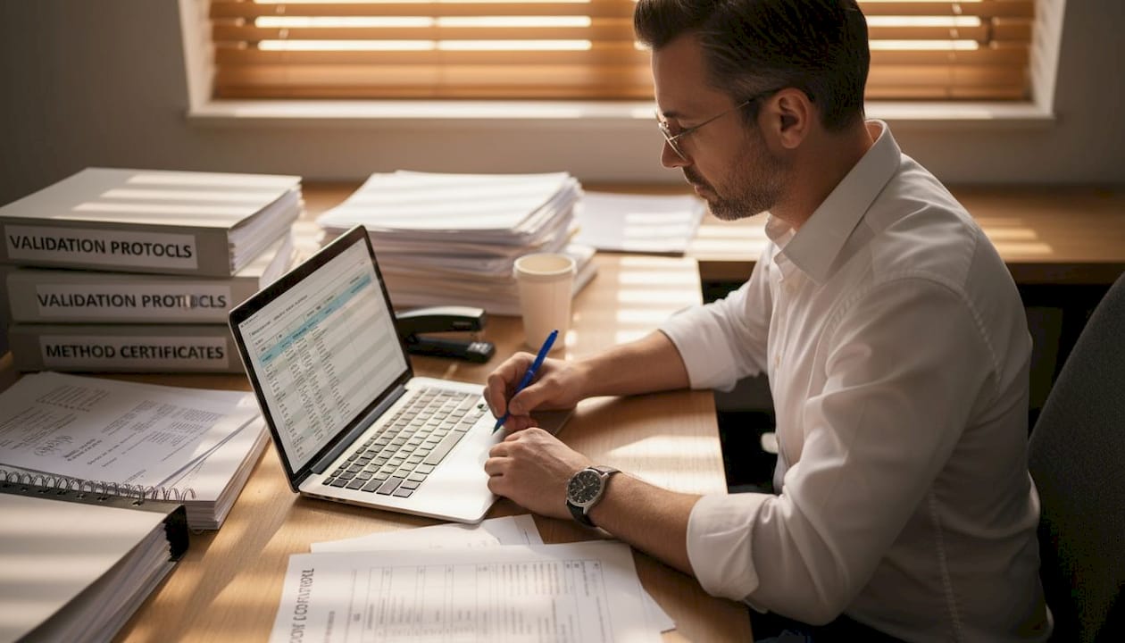 Manager reviewing laboratory compliance documents