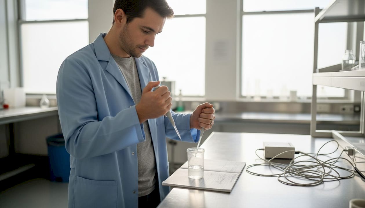 Engineer recording polymer properties at lab bench