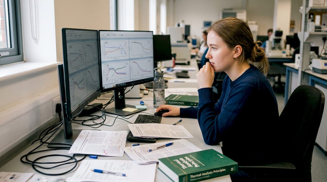 Technician reviewing DSC TGA DMA graph results