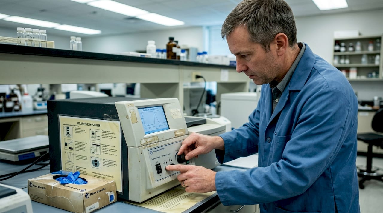 Technician operates DSC instrument in test lab