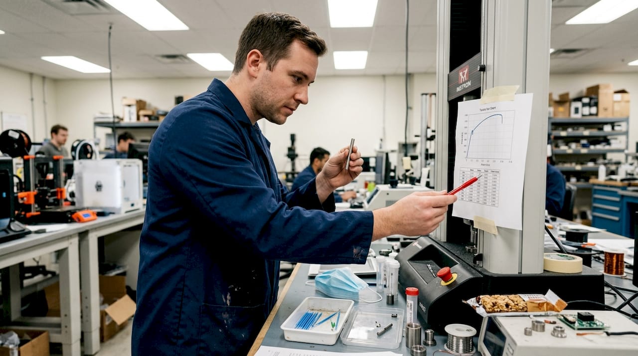 Engineer checks biomedical tensile specimen