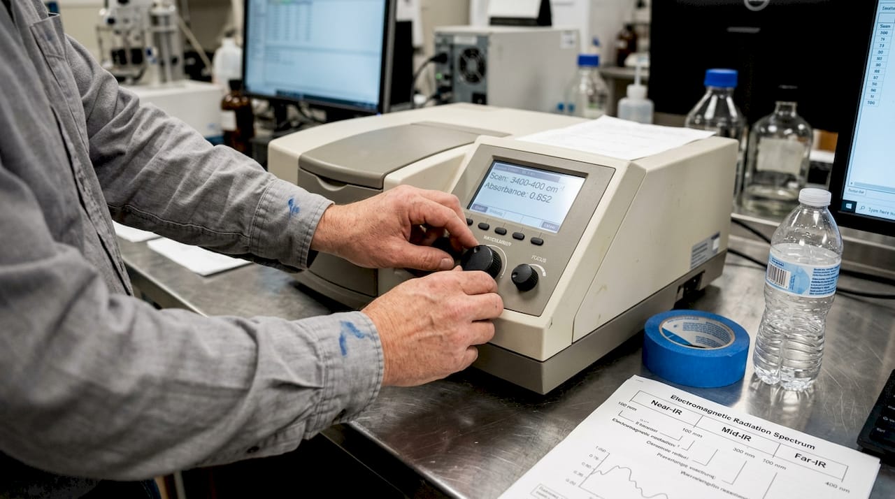 Engineer adjusting spectrometer equipment controls