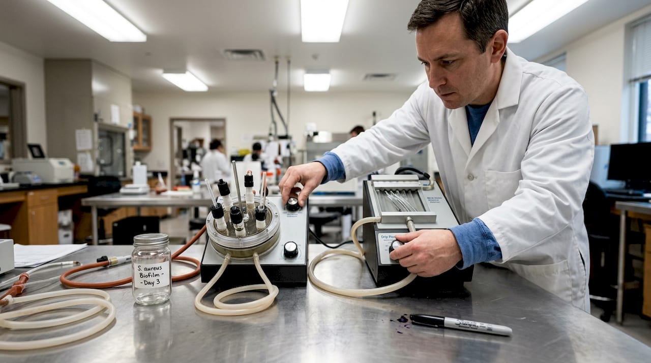 Technician adjusting biofilm reactor equipment