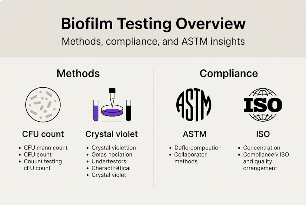 Infographic summarizing biofilm testing methods and standards