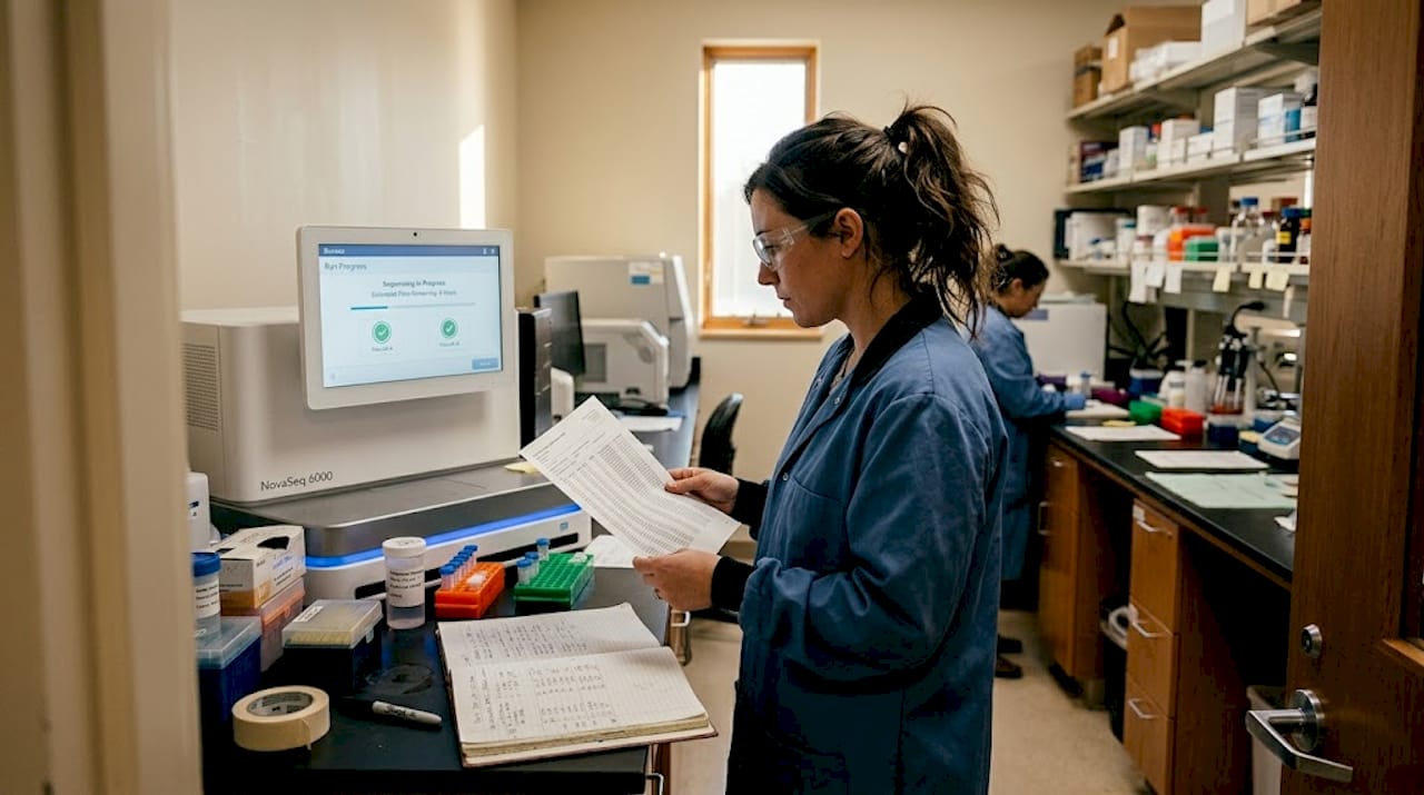 Lab technician examining sequencing run results