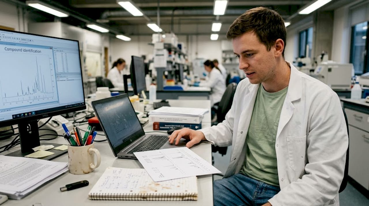 Scientist reviewing NMR spectra results