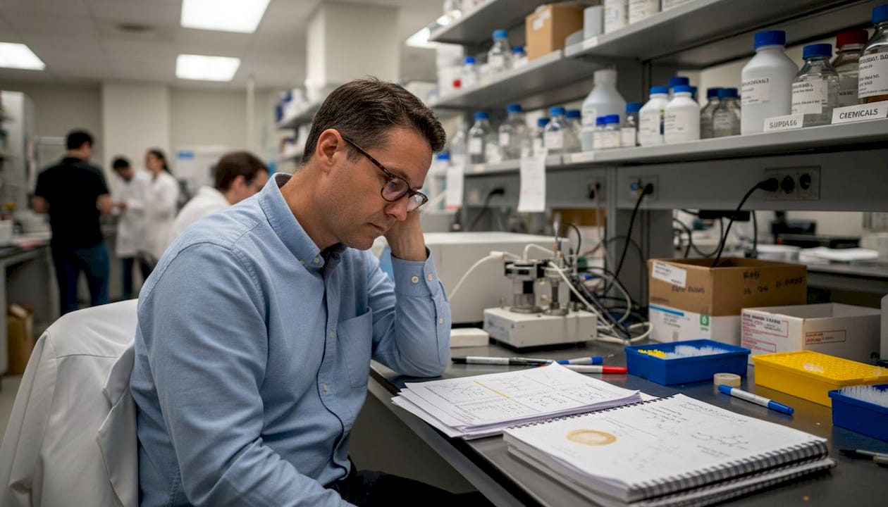 Scientist reviews NMR data beside benchtop unit