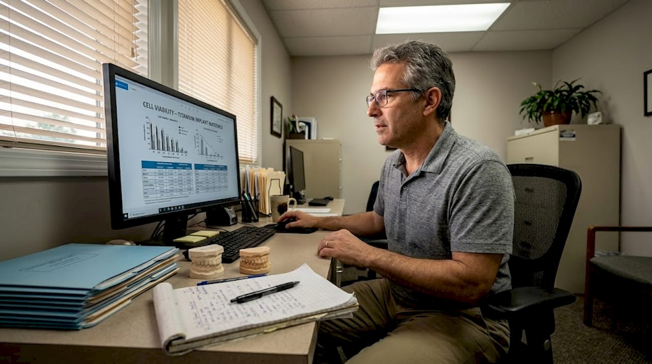 Dental clinician reviews implant material results
