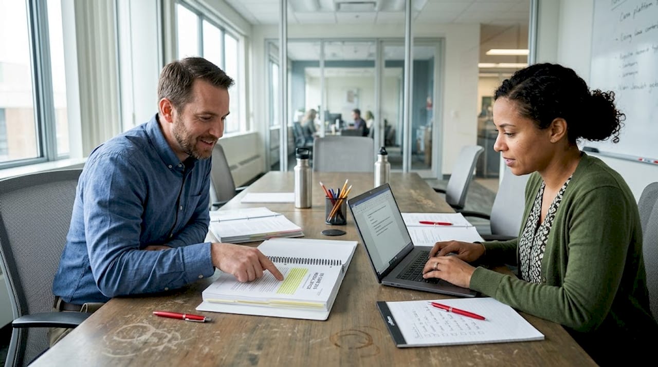 Managers discuss compliance standards in meeting room