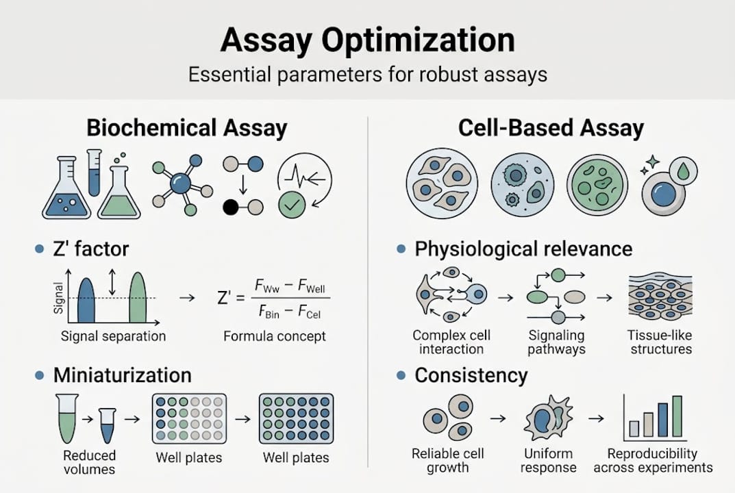 Infographic summarizing assay optimization parameters