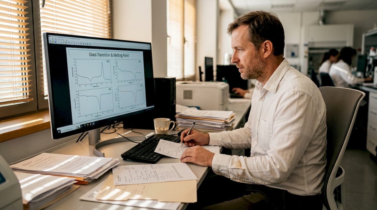 Scientist analyzing DSC thermograms at desk