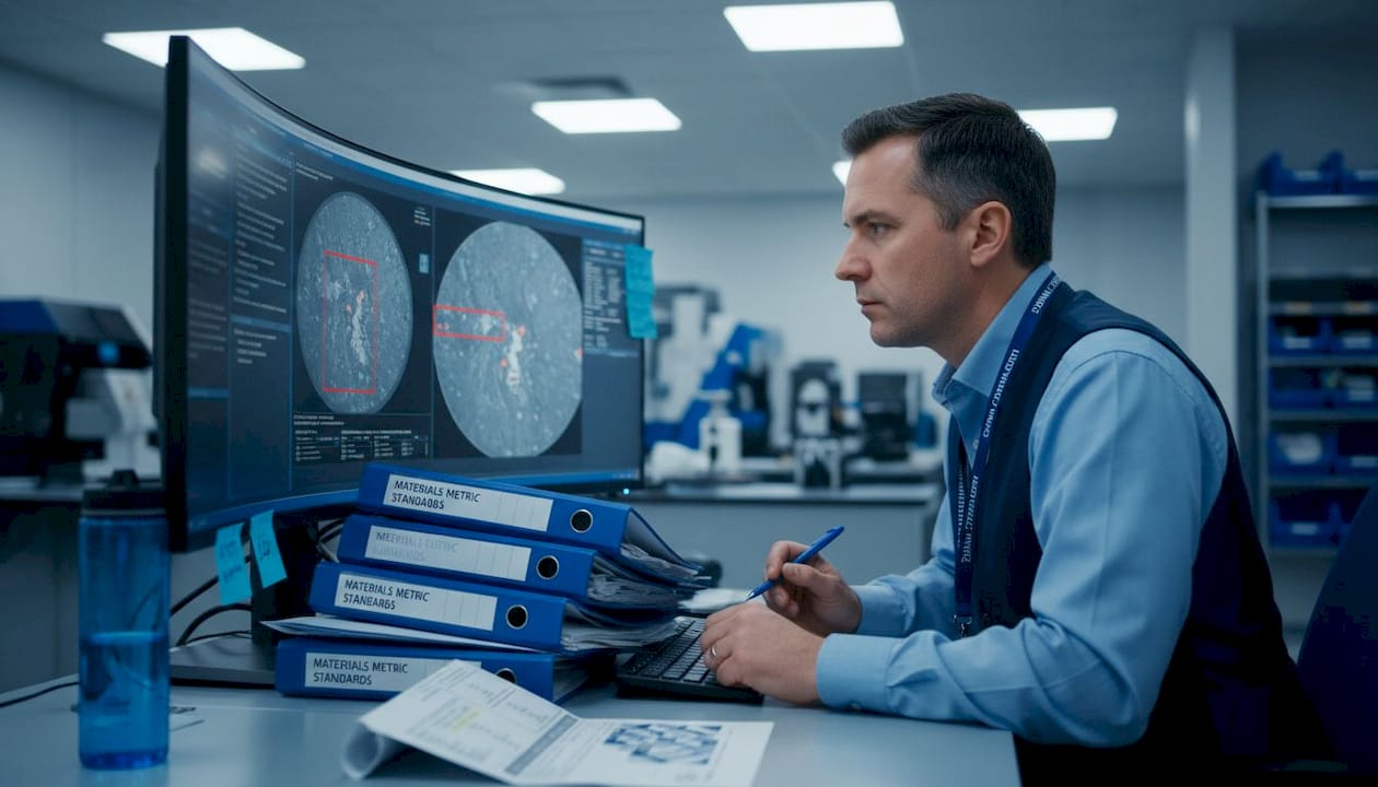 Engineer reviewing SEM analysis data for compliance