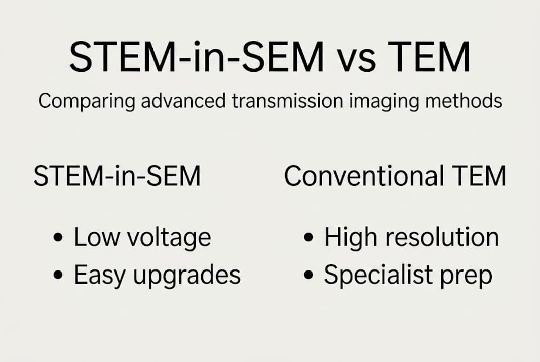 Infographic comparing STEM-in-SEM and conventional TEM