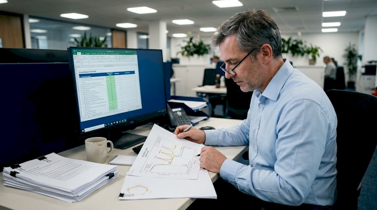 Manager reviewing TGA-EGA printouts at office desk