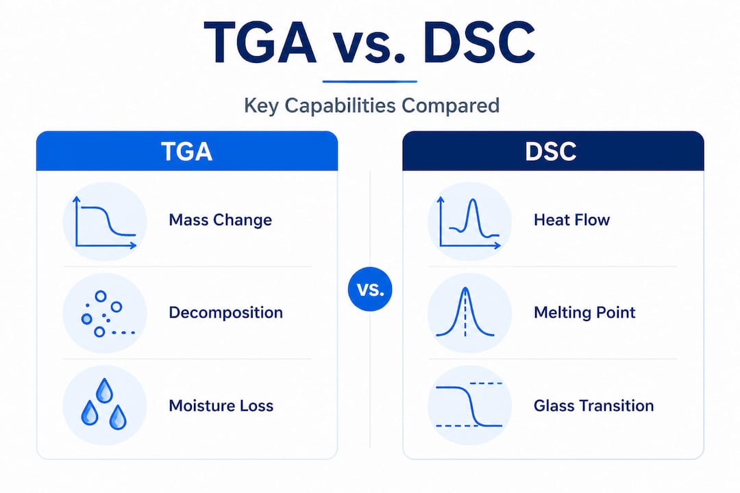 Infographic comparing TGA and DSC capabilities