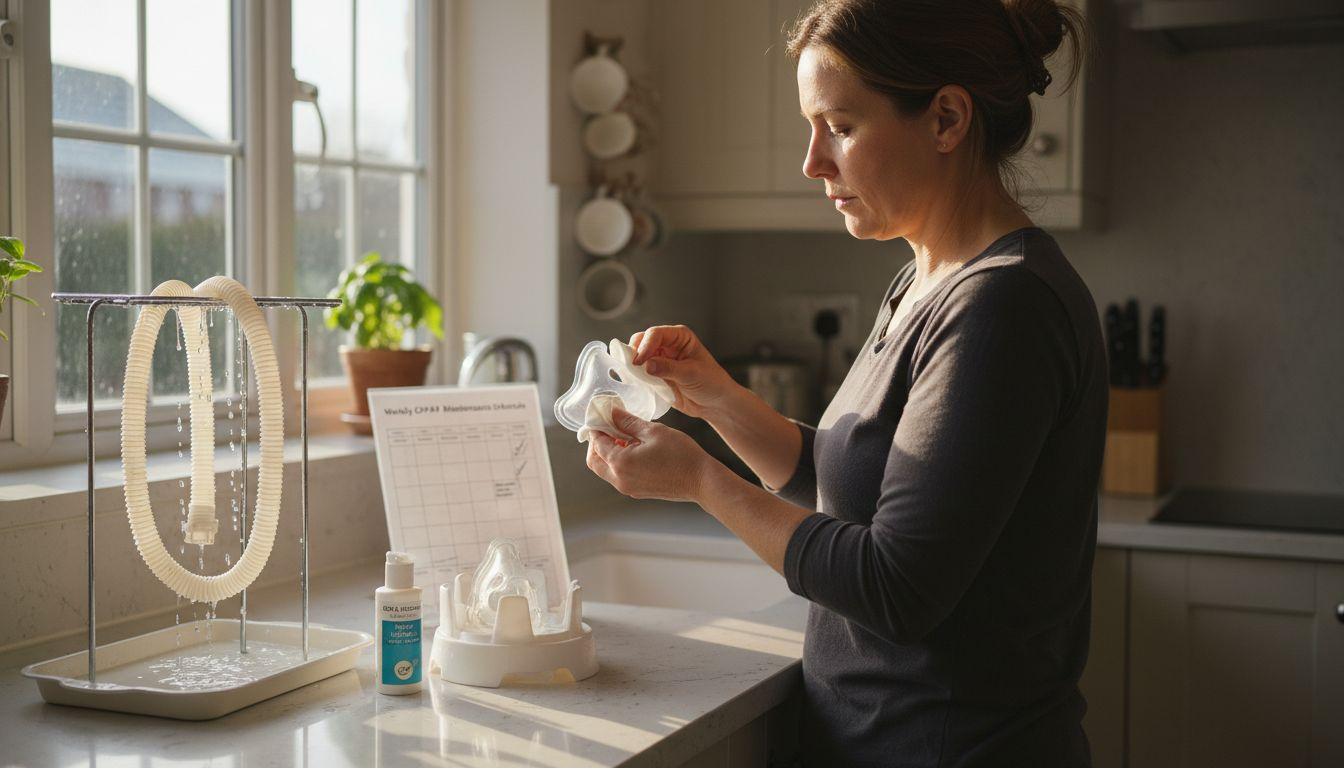 Woman cleaning CPAP mask and hose