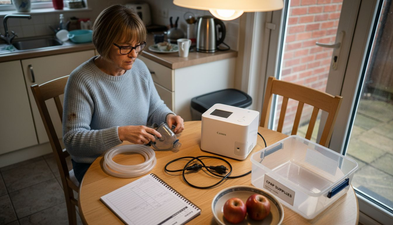 Woman assembling CPAP on kitchen table