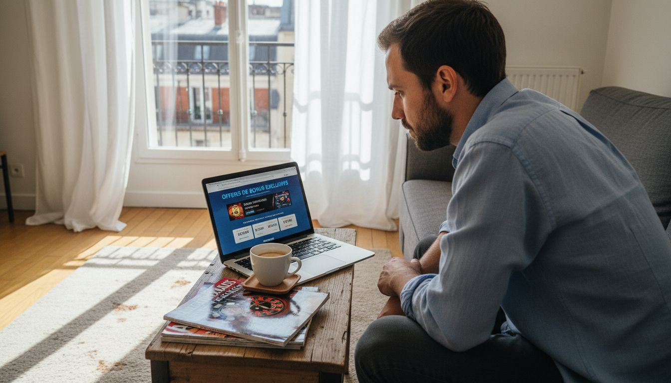 Un homme en train de vérifier les offres de bonus de casino sur son ordinateur