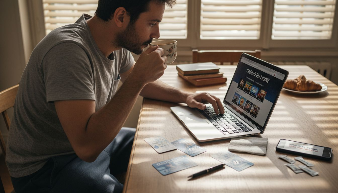 A man reviews different bonus offers proposed by online casinos