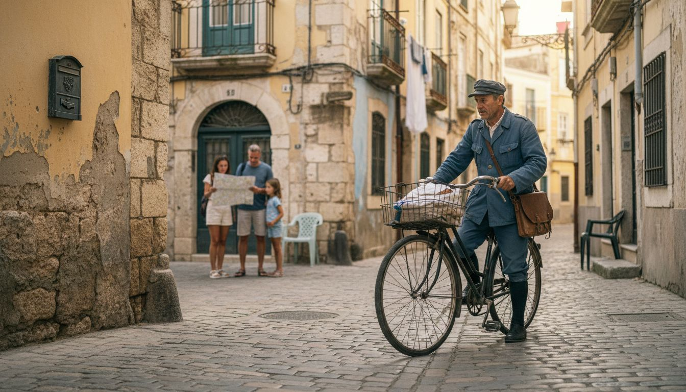 Postman cycling past Croatian vacation homes