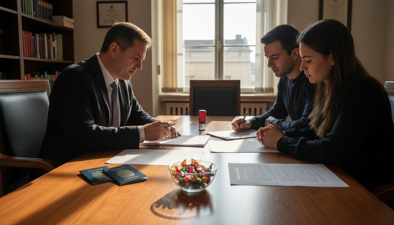 Lawyer and couple review property legal documents