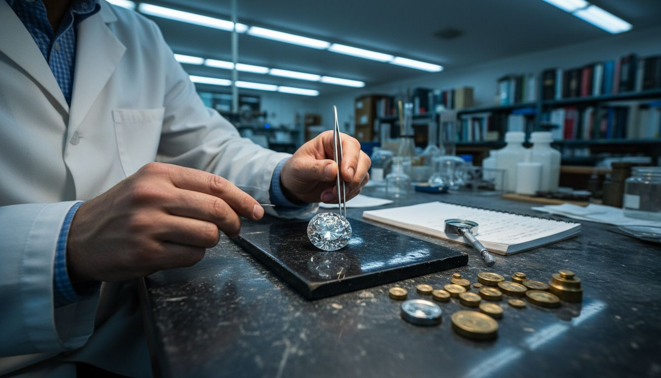 Gemologist testing diamond durability on bench