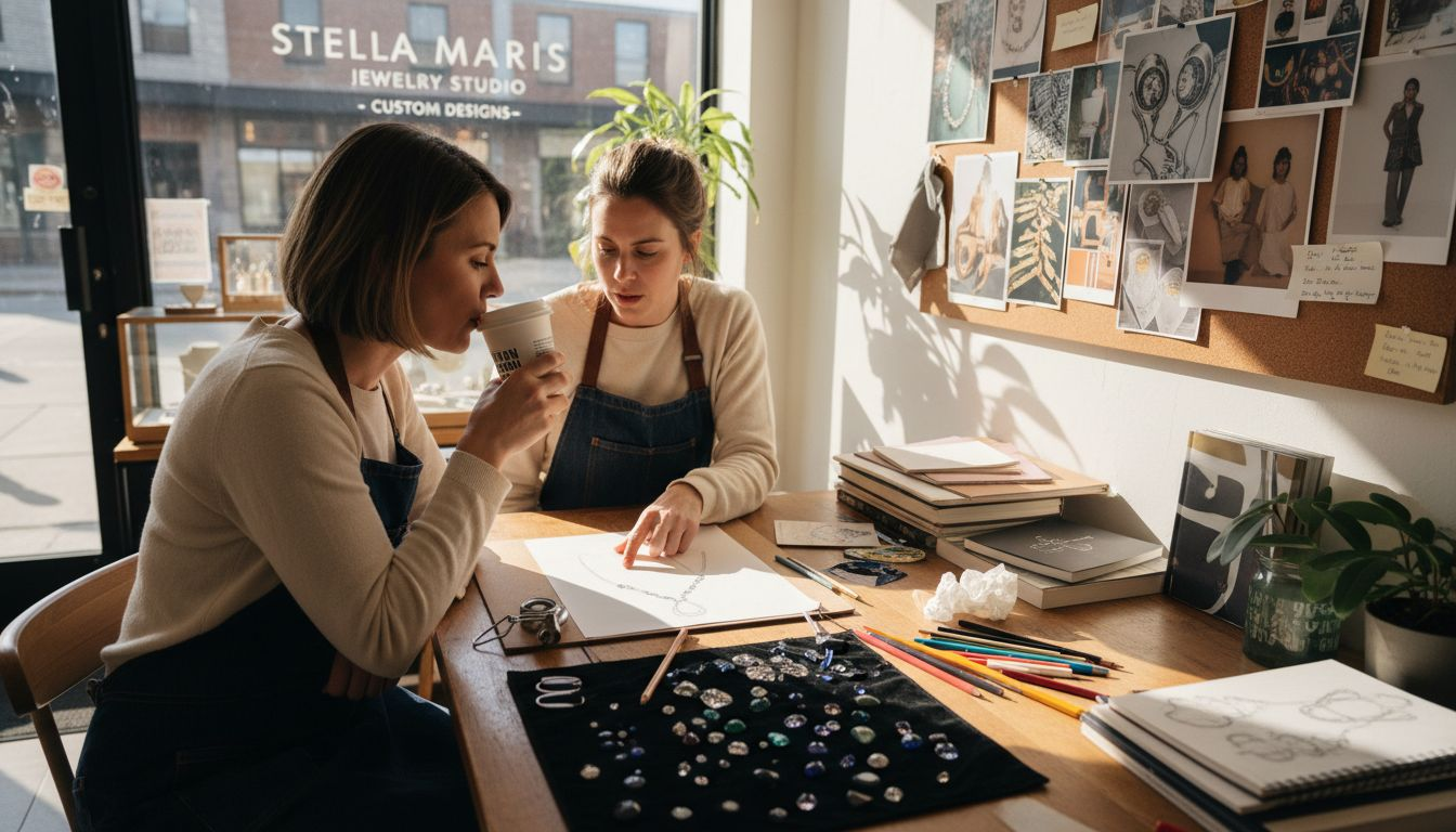 Designer and client reviewing jewelry sketches together