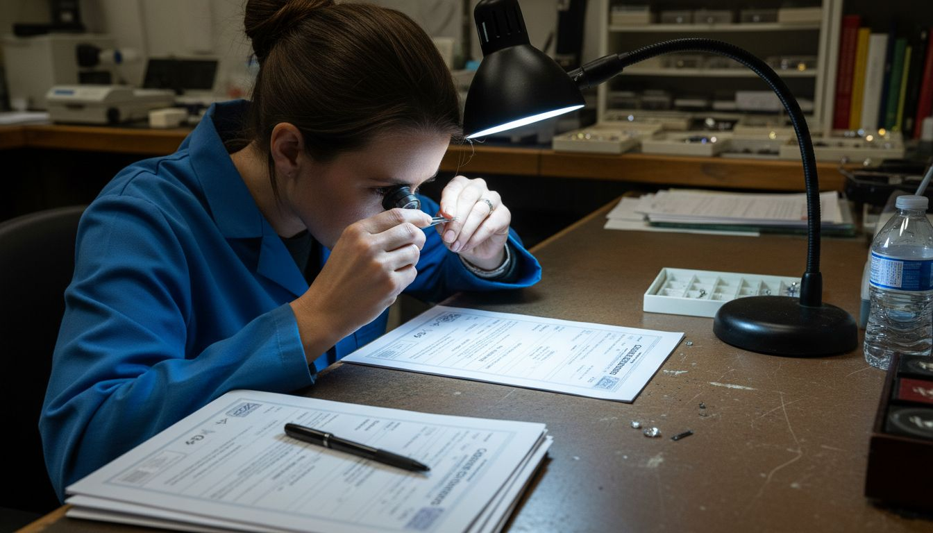 Gemologist reviewing diamond certification paperwork