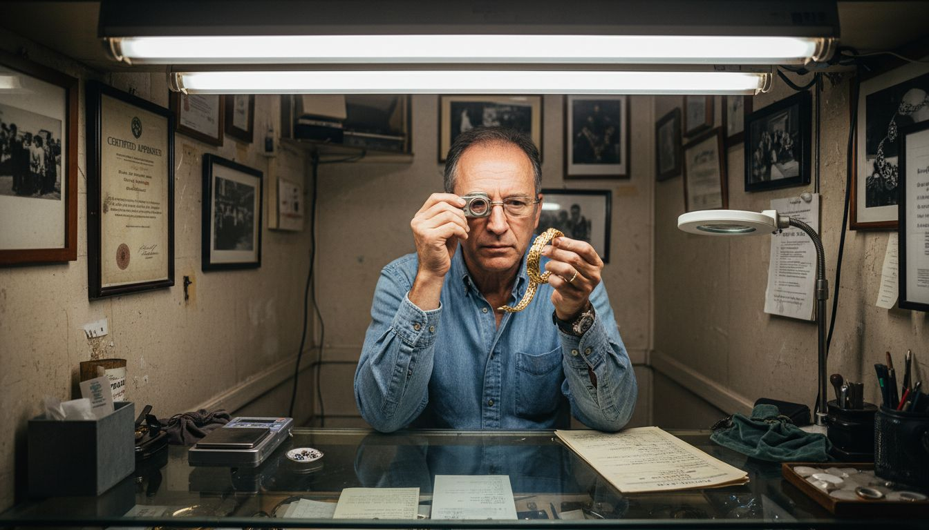 Appraiser examining gold bracelet in office