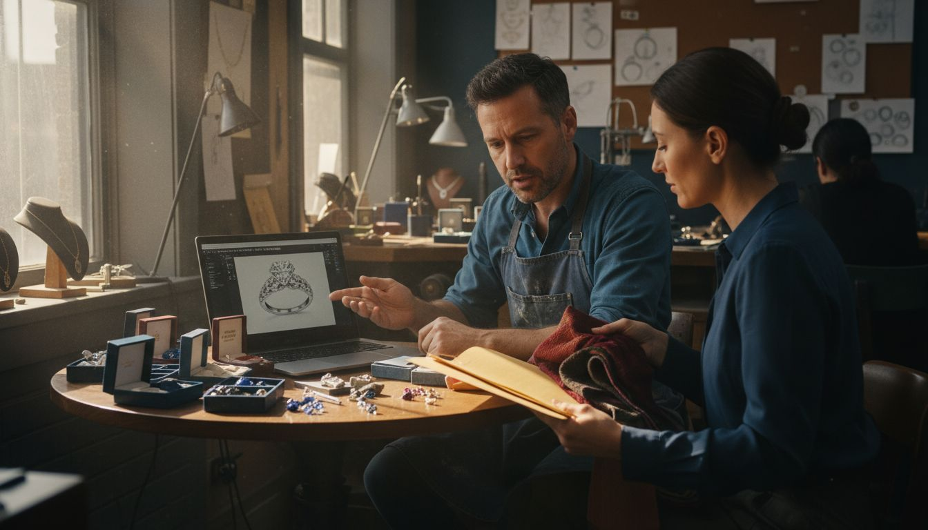 Jewelry designer showing ring rendering to client