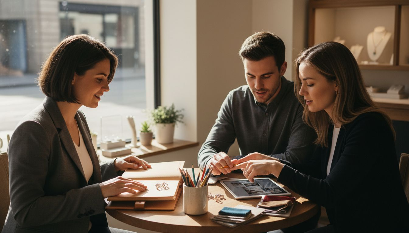 Couple choosing ring features with jeweler