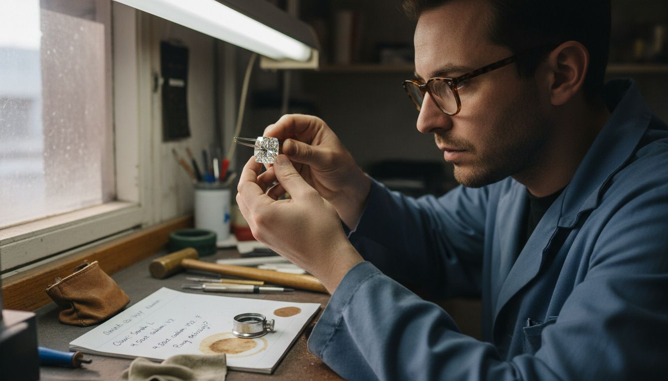 Technician inspects ethically produced lab diamond
