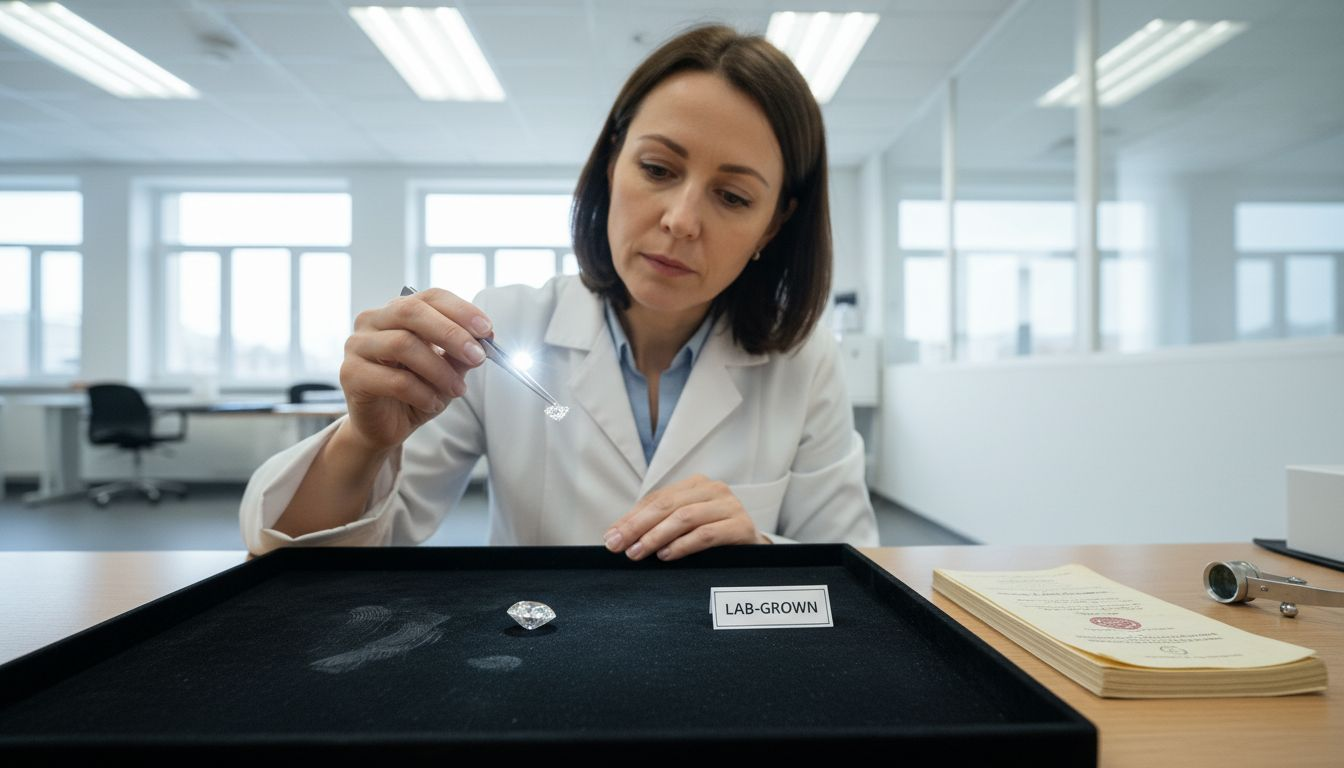 Gemologist comparing lab and mined diamonds