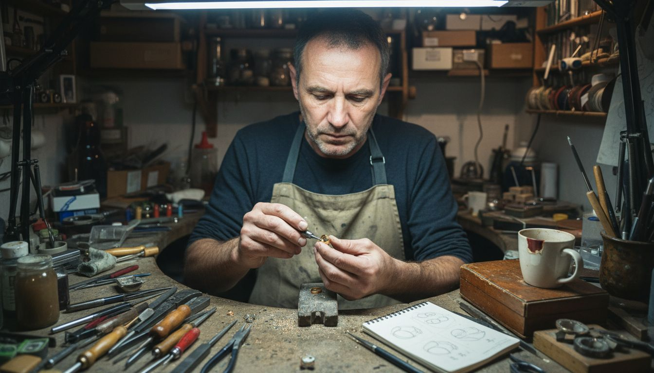 Artisan shaping gold ring at jeweler’s bench