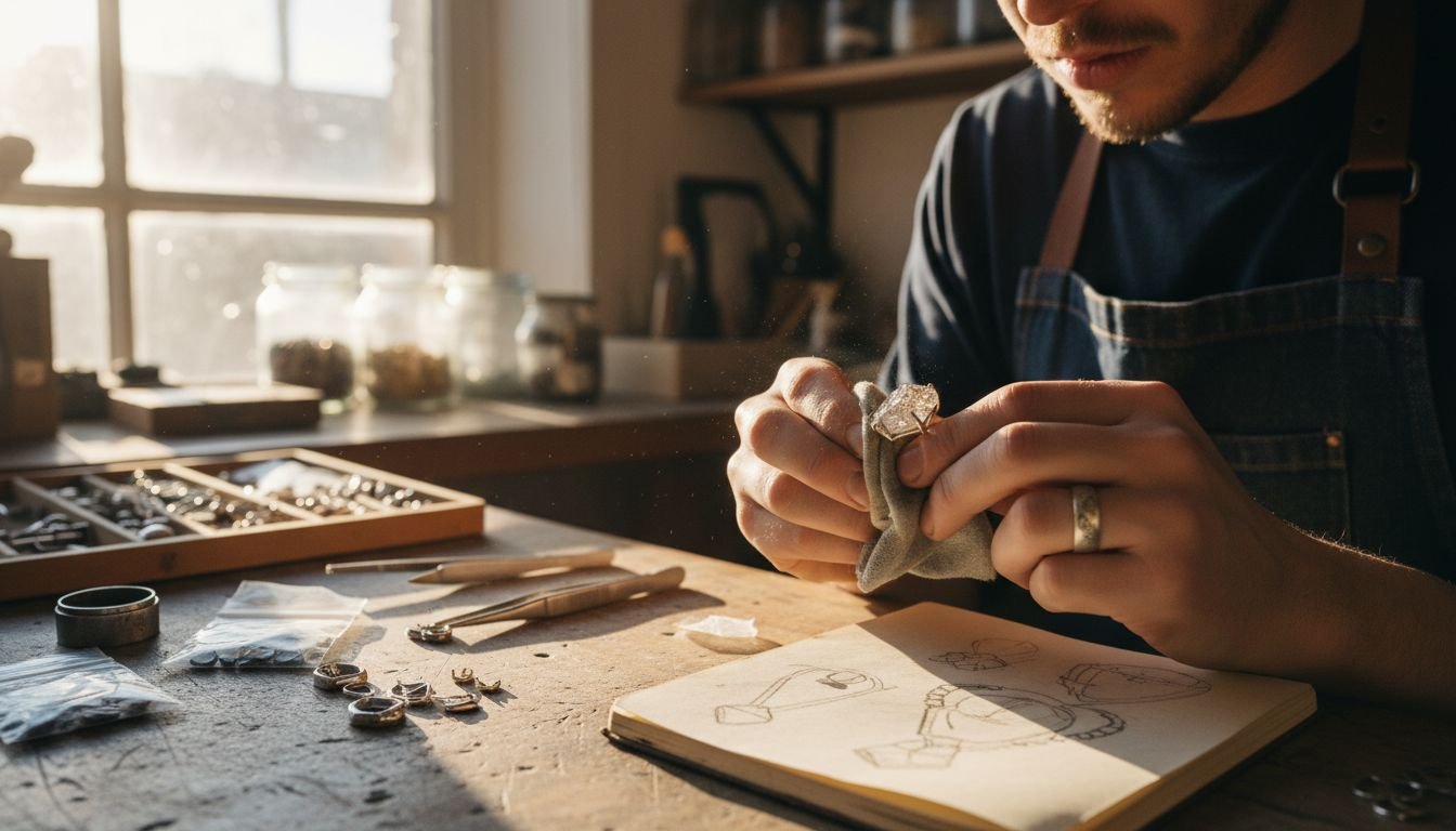 Jeweler crafting asymmetrical diamond ring at bench