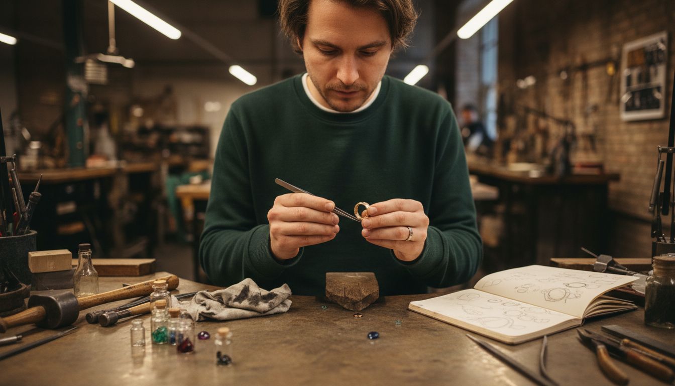 Jeweler examining recycled gold ring workspace