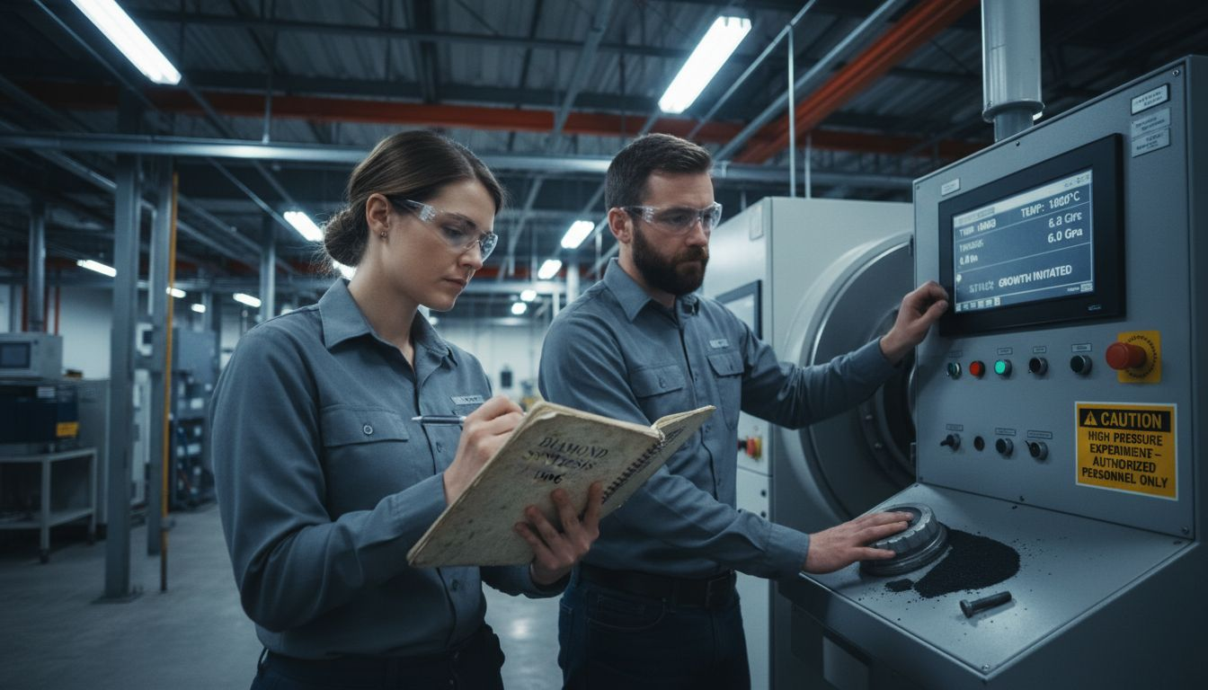 Engineers operate diamond production equipment
