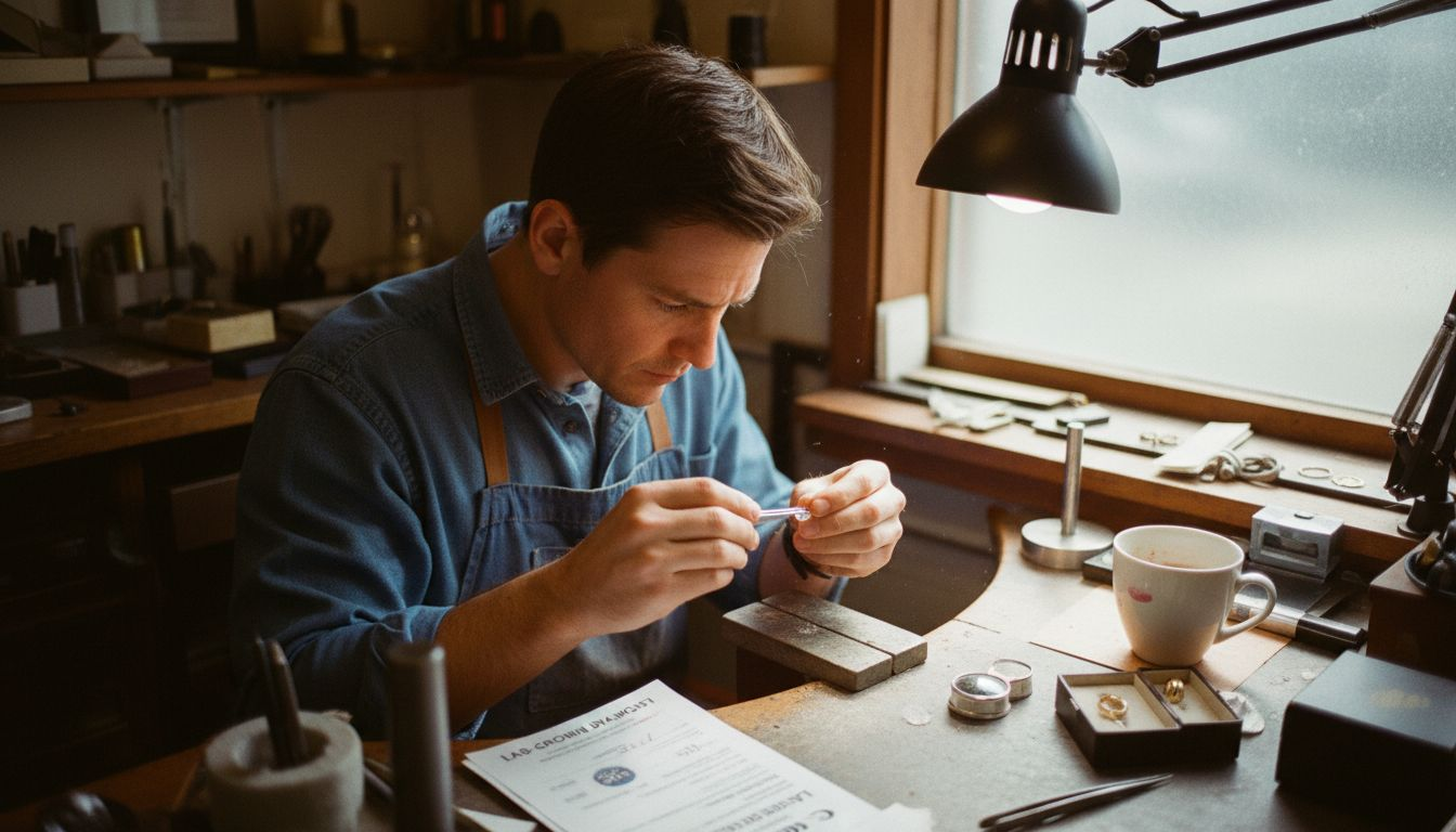 Jeweler examines lab-grown diamond for couple