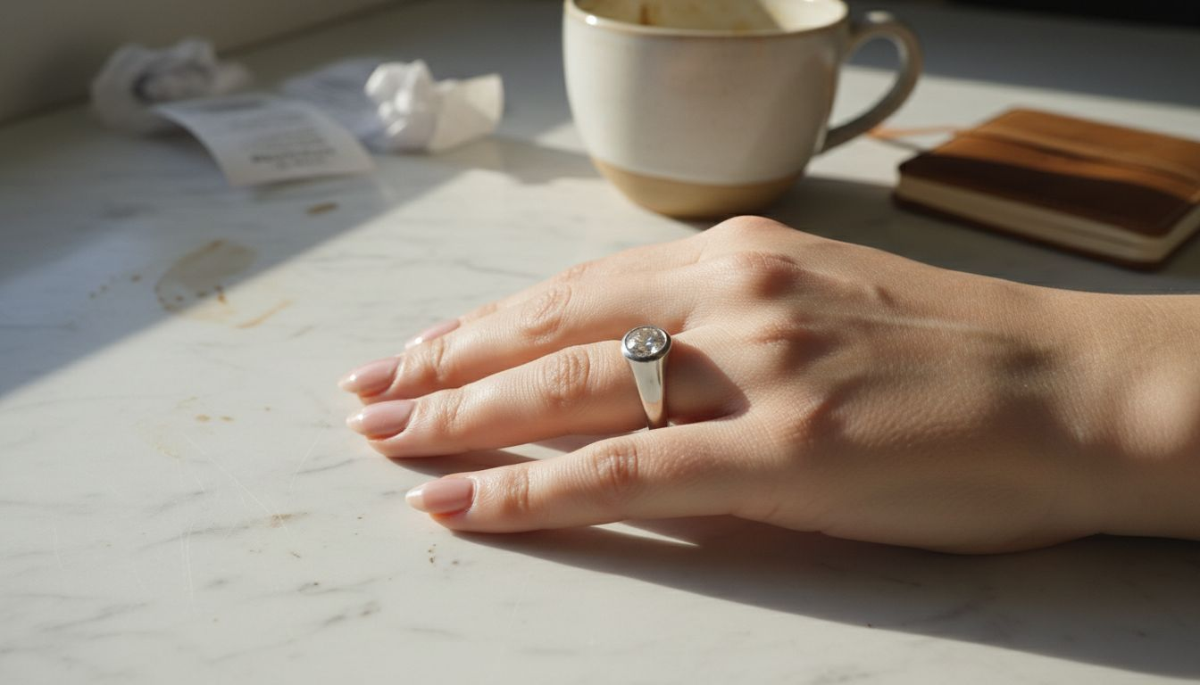 Closeup of hand wearing bezel-set diamond ring