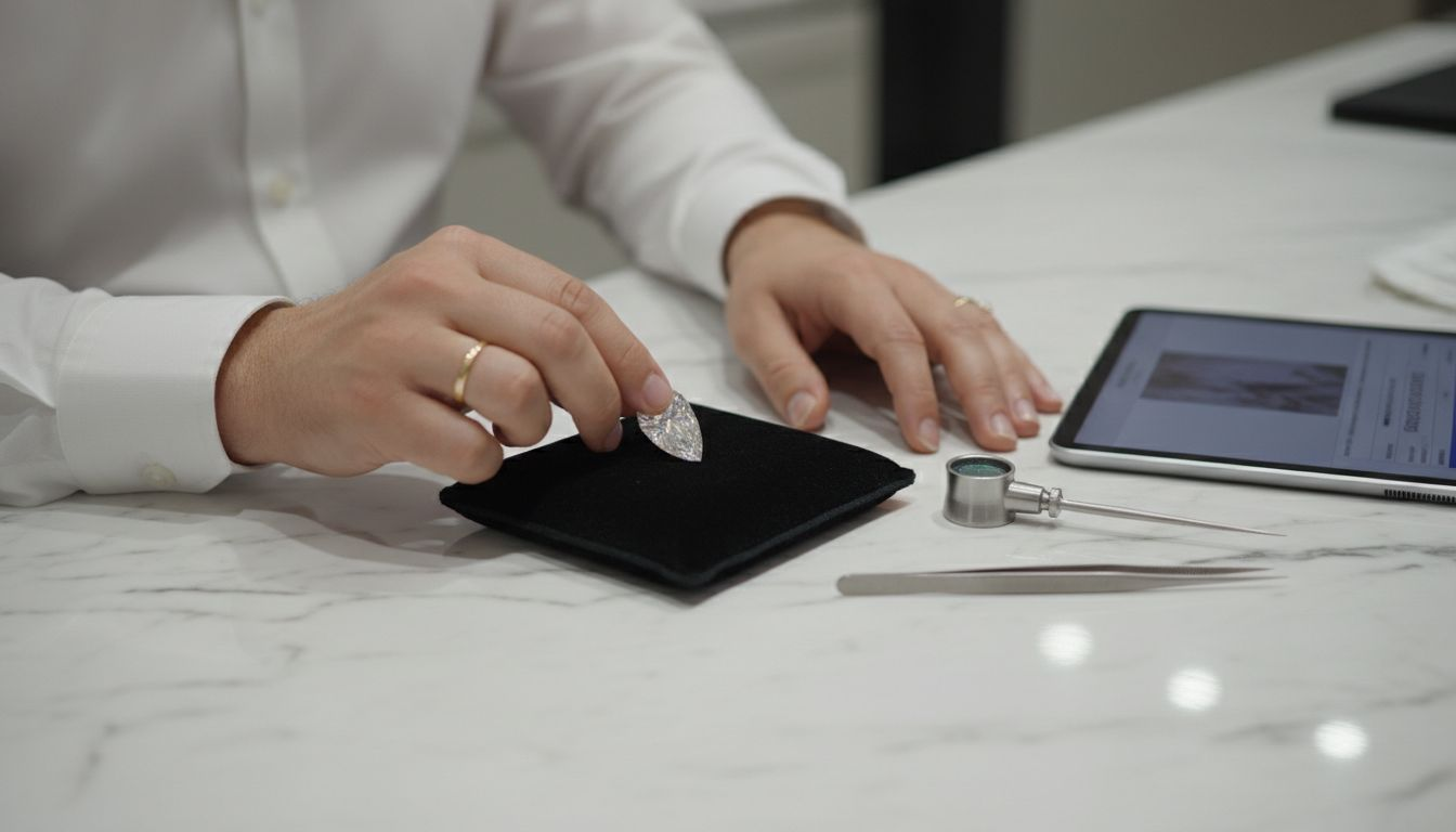 Jeweler presenting lab-grown diamond on counter