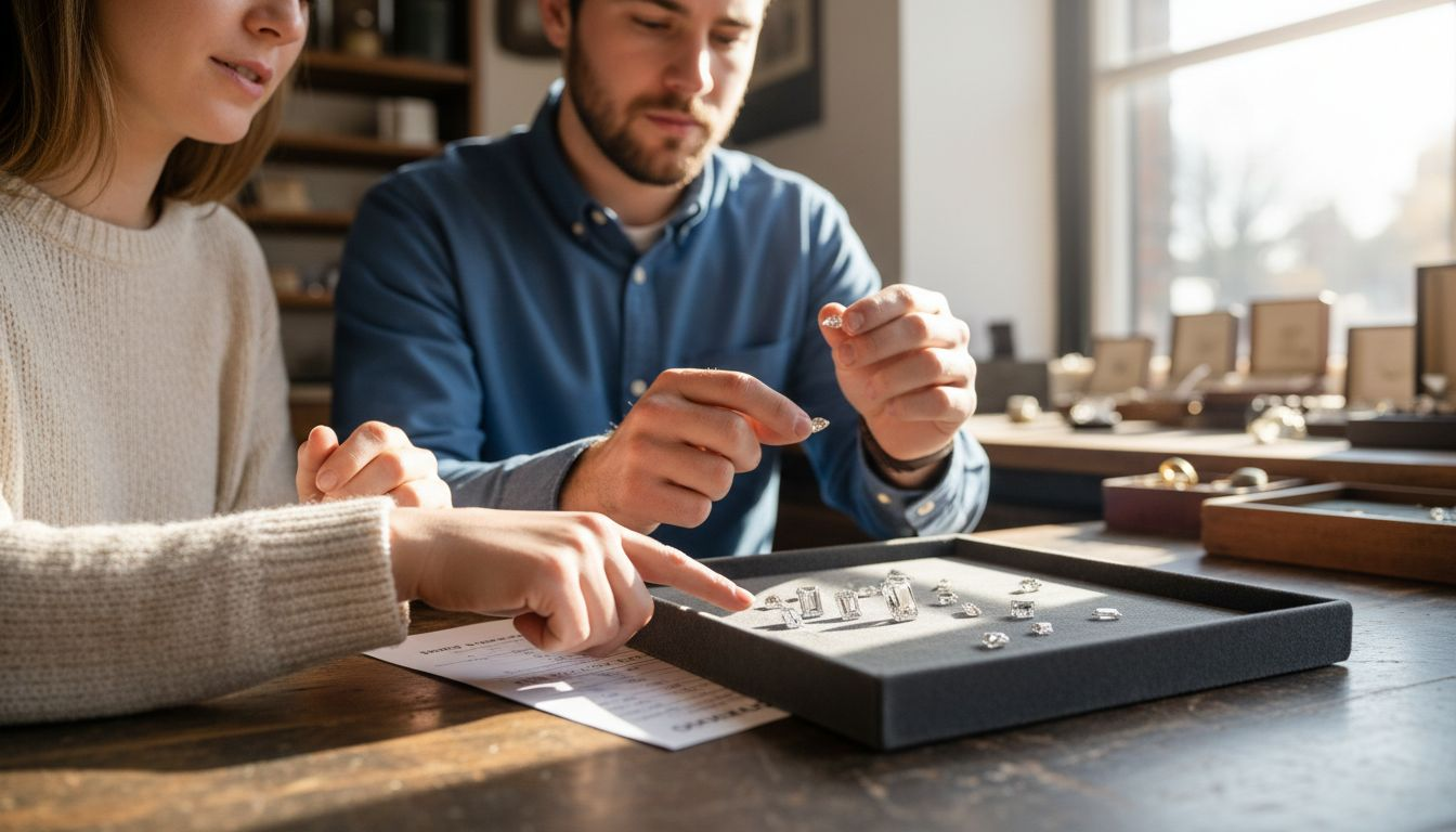 Couple comparing diamond shapes in tray