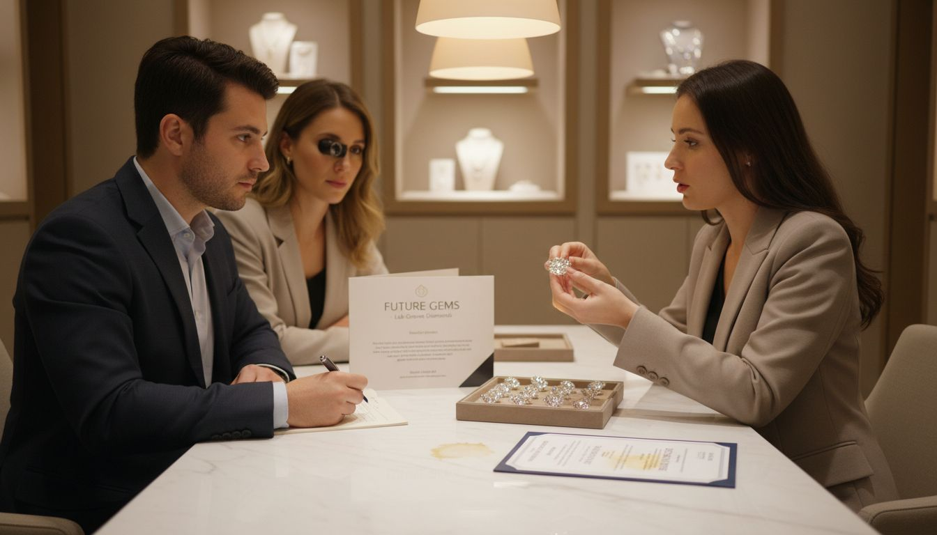 Clients reviewing lab-grown diamond options with consultant