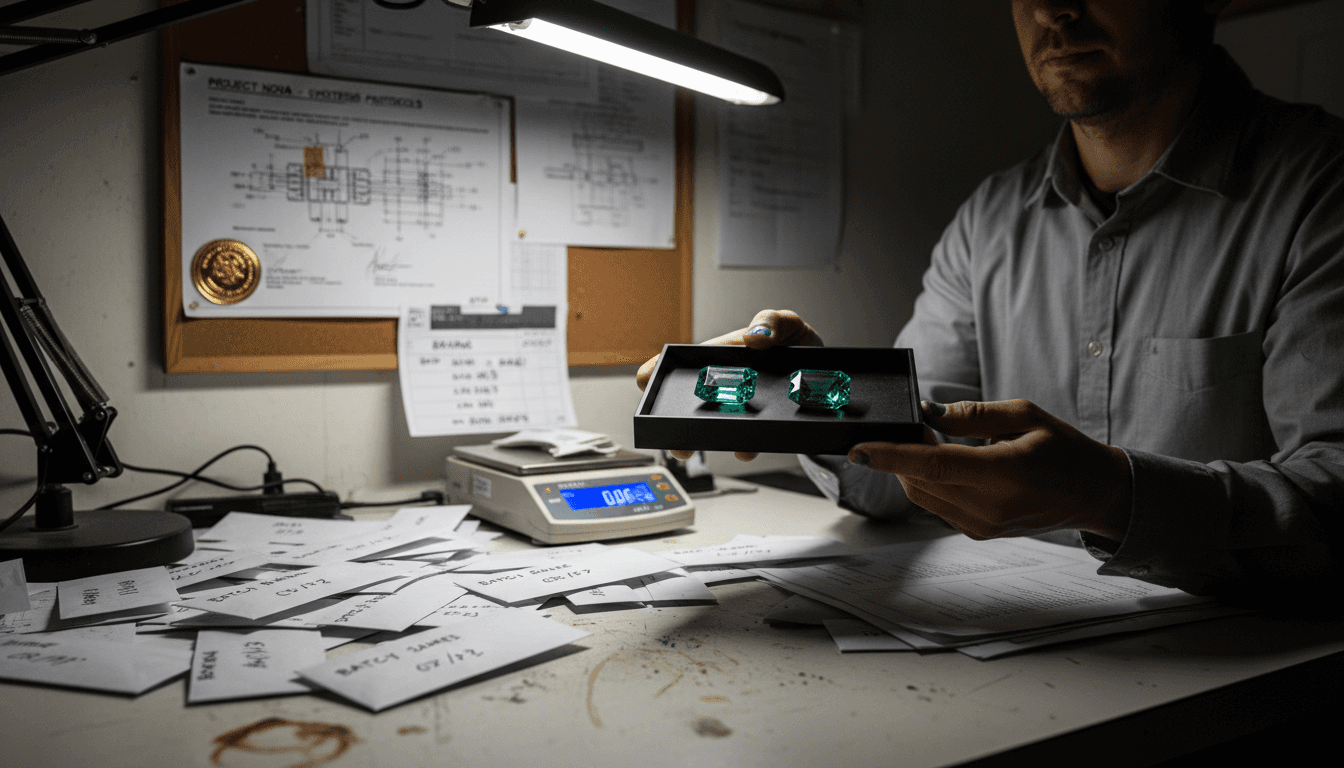 Technician certifying lab-created gemstones in workspace