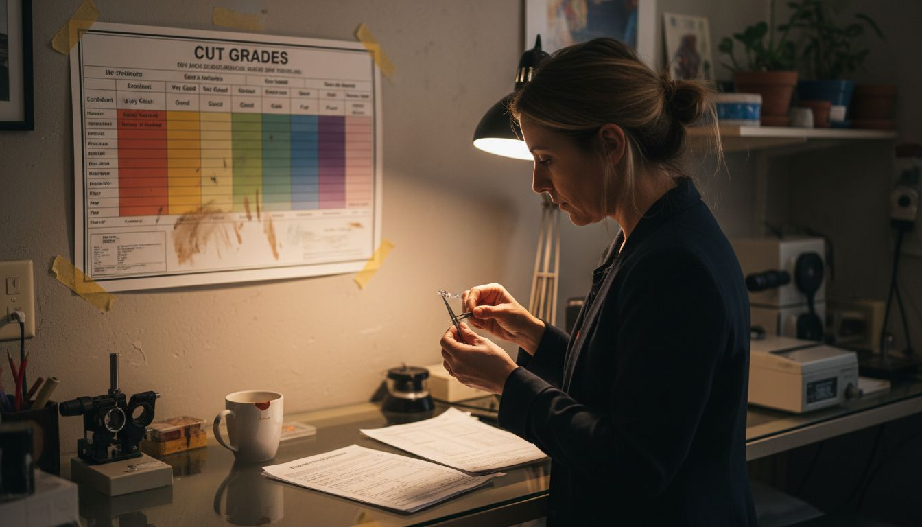 Gemologist comparing diamonds near cut grade chart