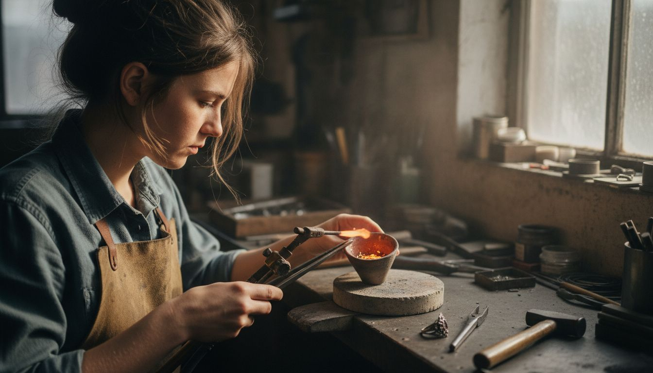 Artisan melting gold for sustainable jewelry