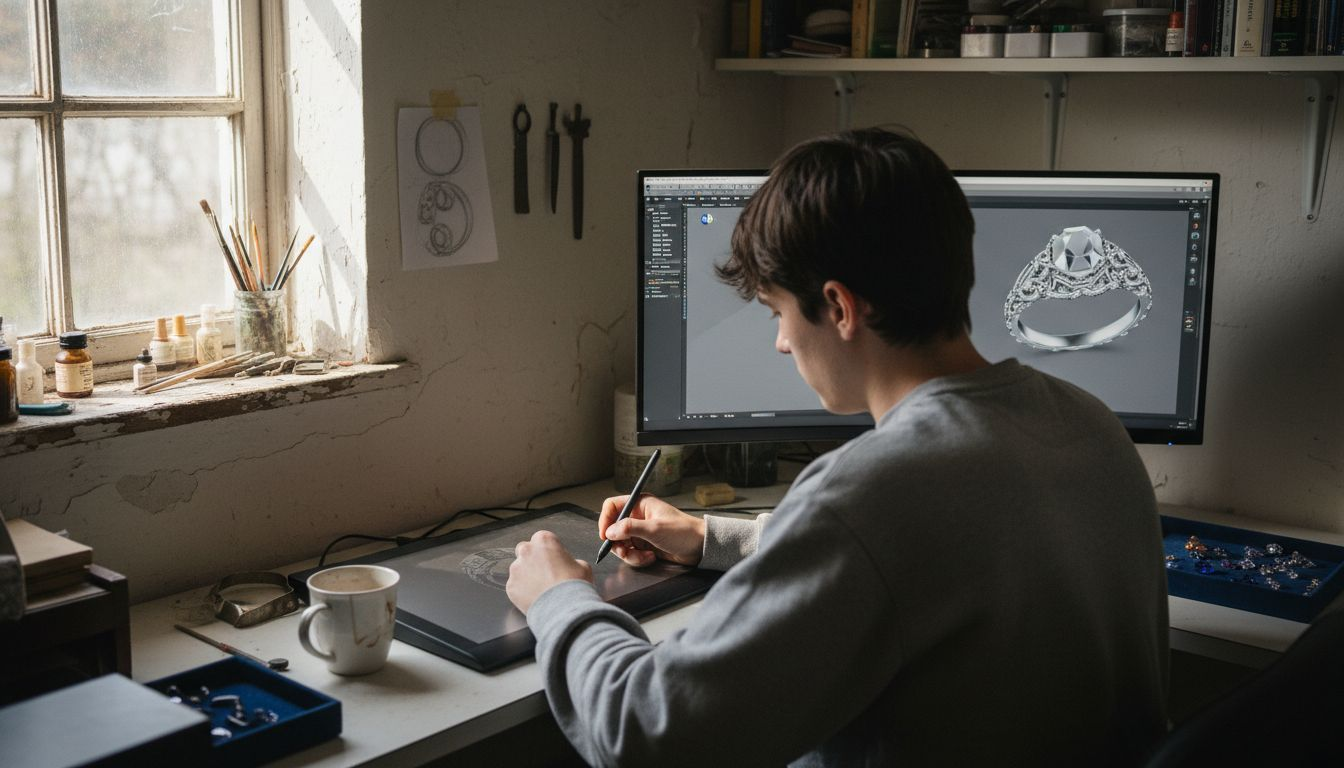 Designer using 3D software for jewelry model