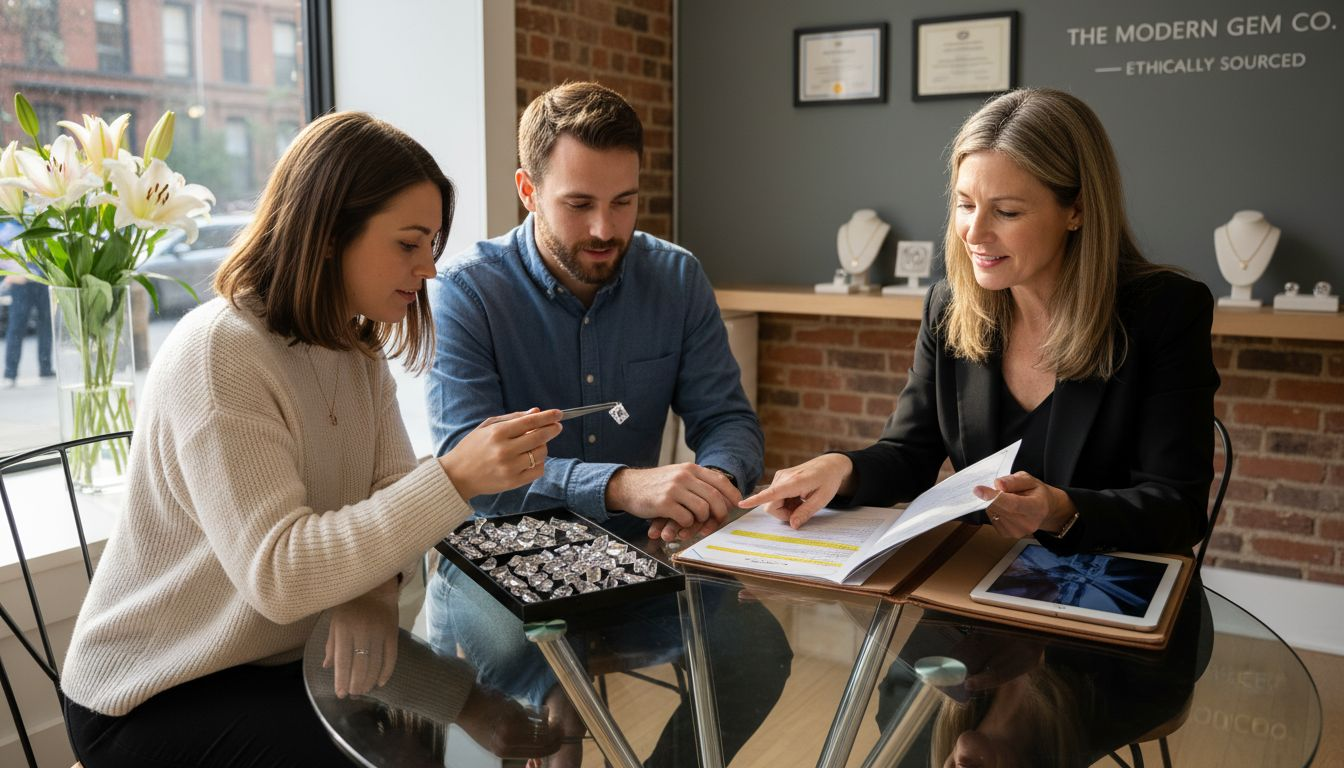 Couple discussing lab diamonds with consultant