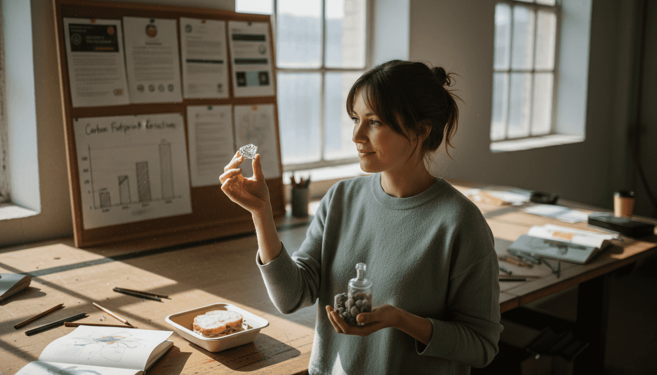 Woman compares lab-grown ring with eco props