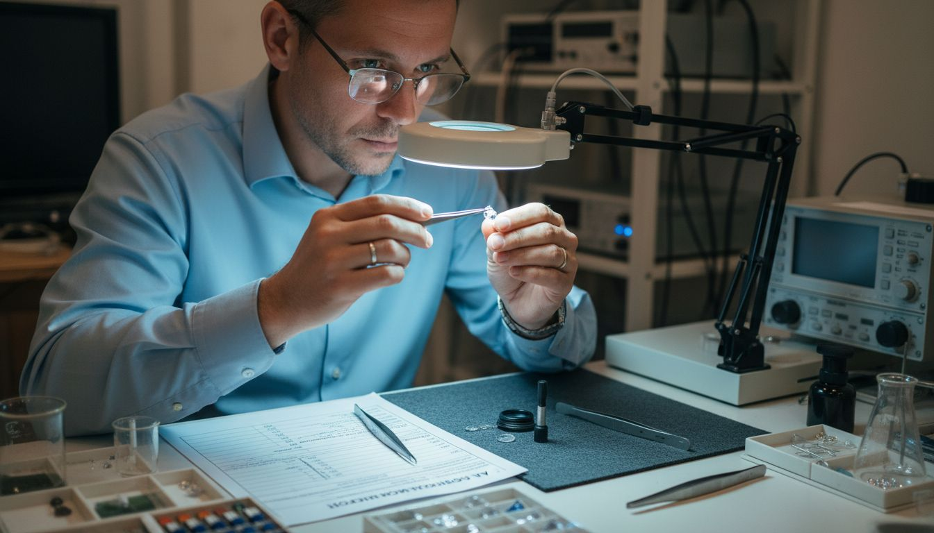 Gemologist examining lab-grown diamond in studio
